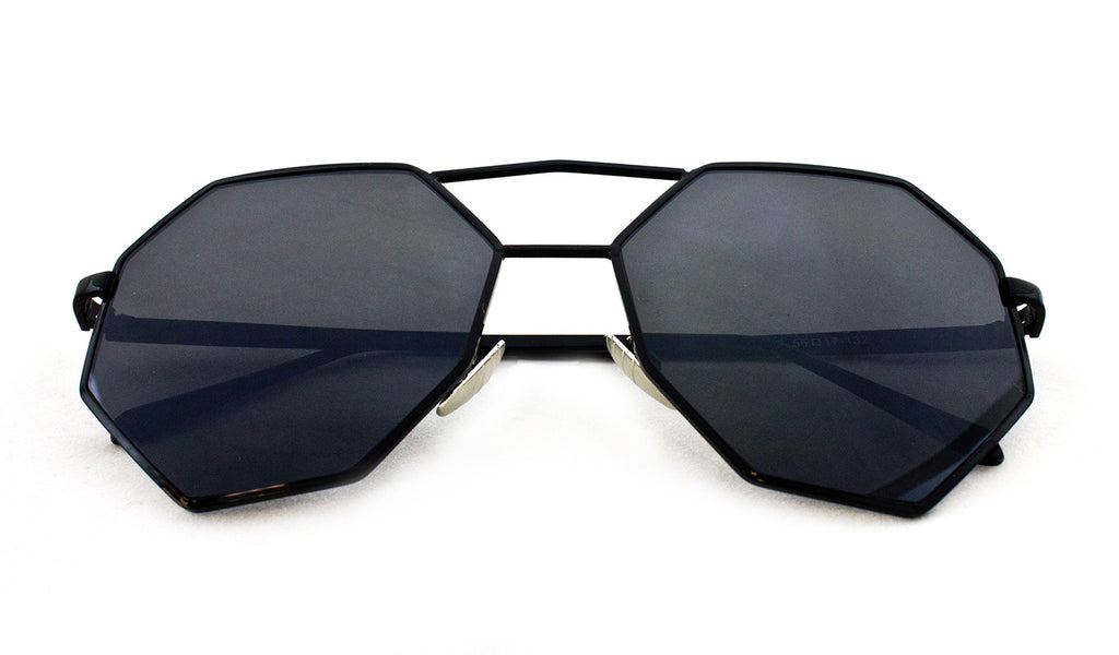 Trendy Octagon Geometric Aviator Inspired Sunglasses with a Black Metal Frame and UV400 Protected Smoke Flash Lens.