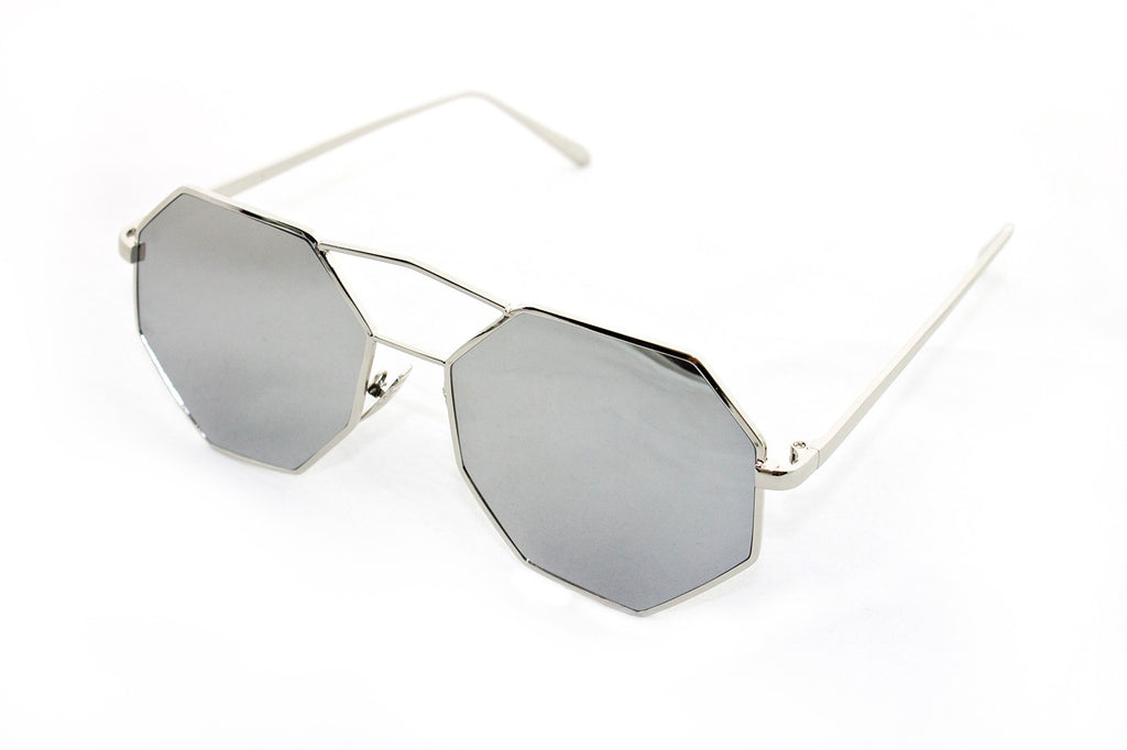 Trendy Octagon Geometric Aviator Inspired Sunglasses with a Silver Metal Frame and UV400 Protected Mirror Flash Lens.