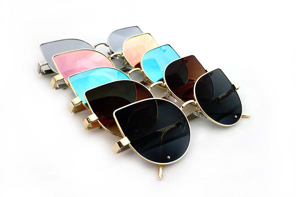 Classic Cat Eye Design with Air Brushed Aluminum Frame and UV400 Protected Gradient or Flash Lens Sunglasses.