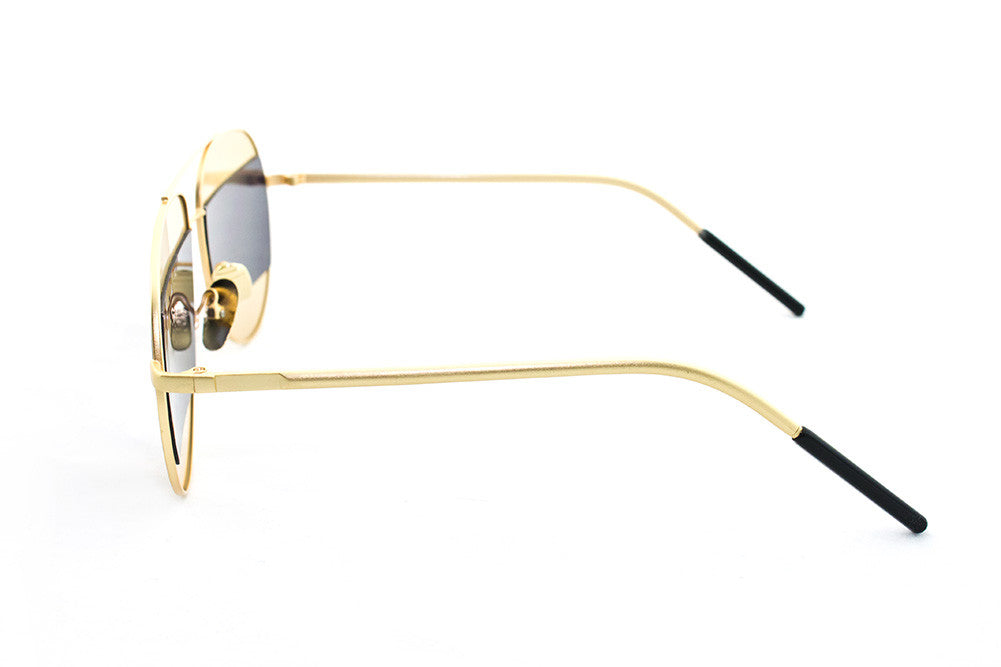Classic Aviator Inspired Air Brushed Aluminum Gold Framed Spring Hinge Sunglasses with Double Color UV Protected Smoke Lens.
