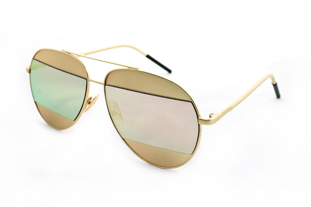 Classic Aviator Inspired Air Brushed Aluminum Gold Framed Spring Hinge Sunglasses with Double Color UV Protected Pink Flash Lens.