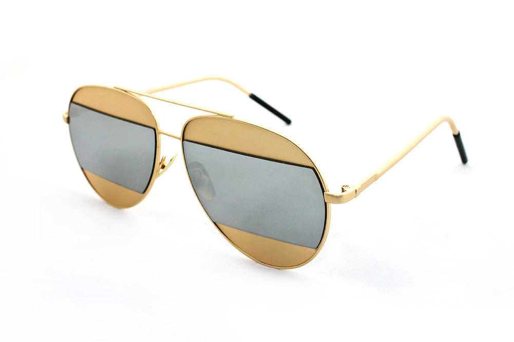 Classic Aviator Inspired Air Brushed Aluminum Gold Framed Spring Hinge Sunglasses with Double Color UV Protected Mirror Flash Lens.
