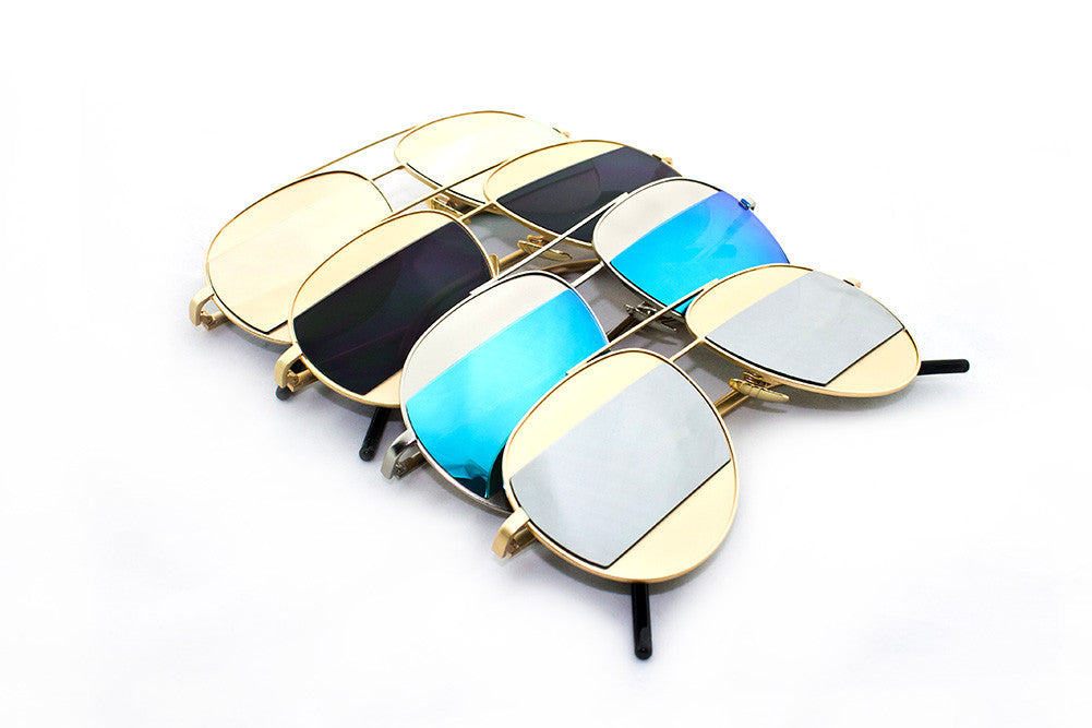 Classic Aviator Inspired Air Brushed Aluminum Framed Spring Hinge Sunglasses with Double Color UV Protected Flash Lens.