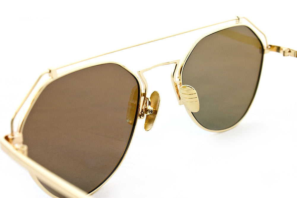 Modern Geometric Aviator Inspired Air Brushed Aluminum Sunglasses with UV 400 Protected Flash Lens.