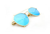Modern Geometric Aviator Inspired Air Brushed Aluminum Gold Frame Sunglasses with UV 400 Protected Blue Flash Lens.