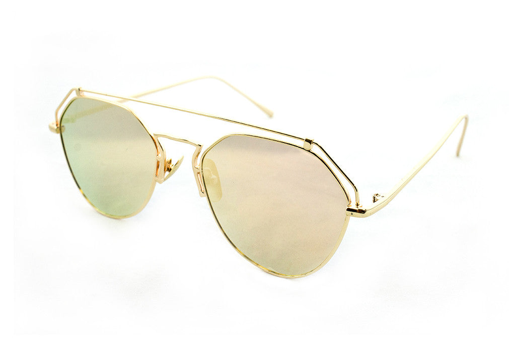 Modern Geometric Aviator Inspired Air Brushed Aluminum Gold Frame Sunglasses with UV 400 Protected Pink Flash Lens.