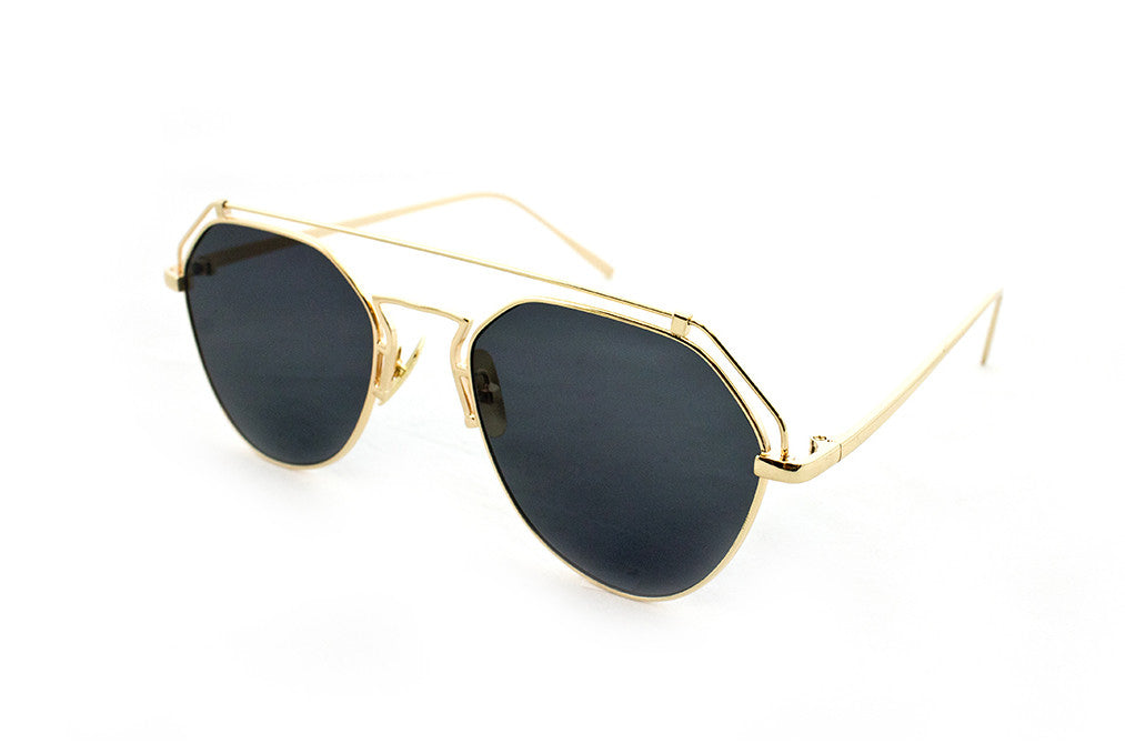 Modern Geometric Aviator Inspired Air Brushed Aluminum Gold Frame Sunglasses with UV 400 Protected Black Flash Lens.