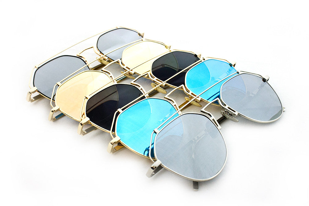 Modern Geometric Aviator Inspired Air Brushed Aluminum Sunglasses with UV 400 Protected Flash Lens.