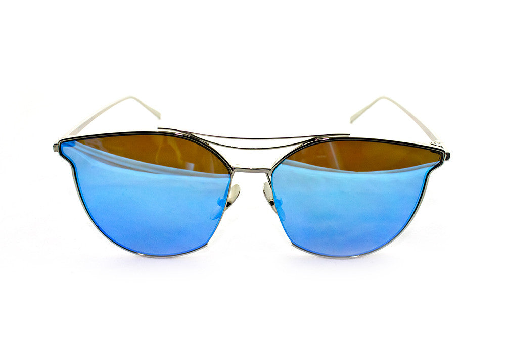 Classic Cat Eye Aviator Geometric Design Inspired Sunglasses with a Brushed Aluminum Spring Hinge Gold Metal Frame with UV400 Protected Blue Flash Lens.