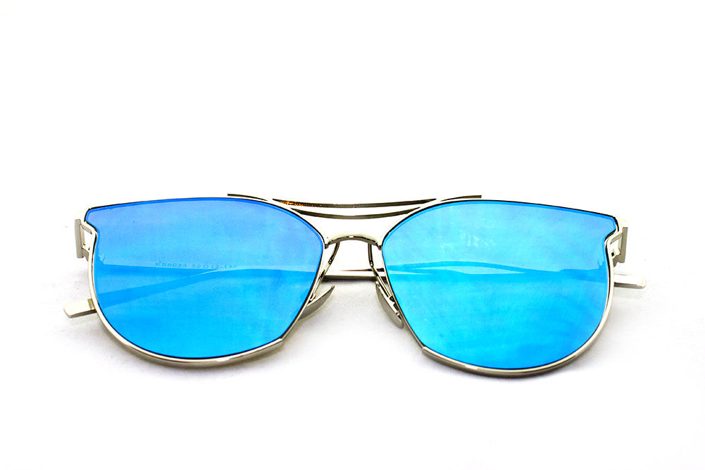 Classic Cat Eye Aviator Geometric Design Inspired Sunglasses with a Brushed Aluminum Spring Hinge Gold Metal Frame with UV400 Protected Blue Flash Lens.