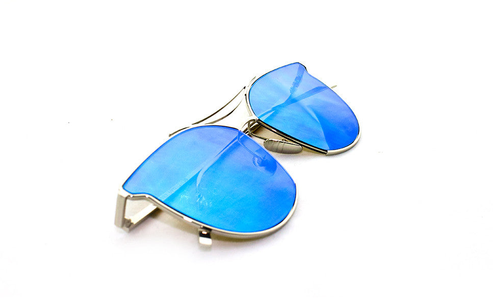 Classic Cat Eye Aviator Geometric Design Inspired Sunglasses with a Brushed Aluminum Spring Hinge Gold Metal Frame with UV400 Protected Blue Flash Lens.