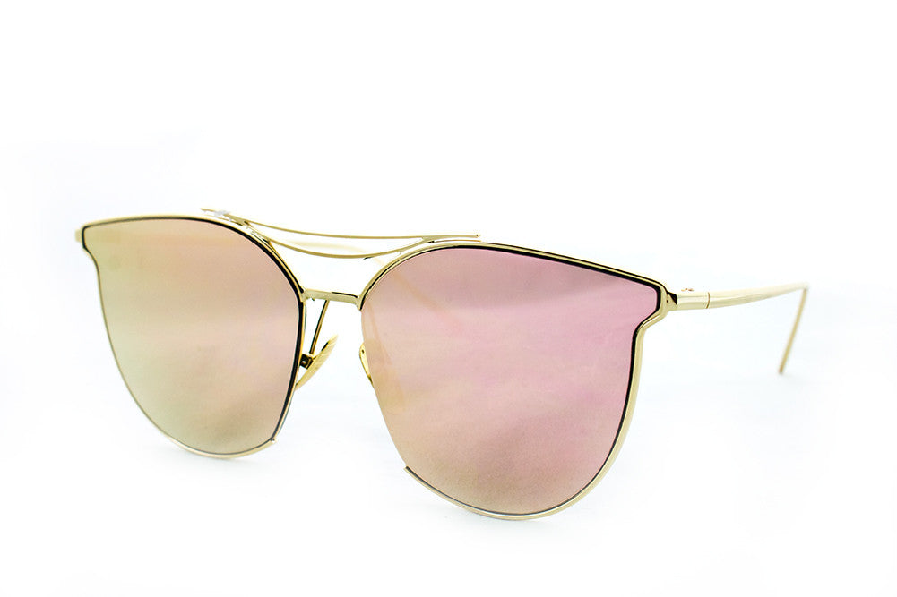 Classic Cat Eye Aviator Geometric Design Inspired Sunglasses with a Brushed Aluminum Spring Hinge Gold Metal Frame with UV400 Protected Pink Flash Lens.