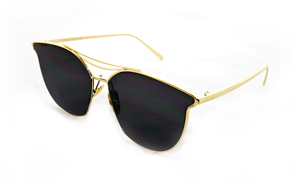Classic Cat Eye Aviator Geometric Design Inspired Sunglasses with a Brushed Aluminum Spring Hinge Gold Metal Frame with UV400 Protected Smoke Flash Lens.