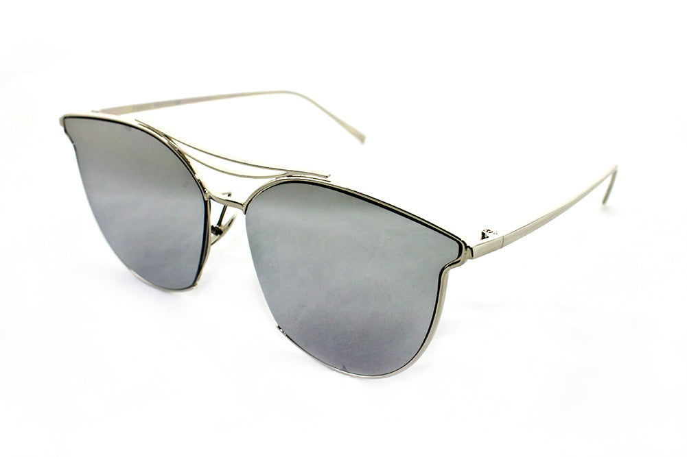 Classic Cat Eye Aviator Geometric Design Inspired Sunglasses with a Brushed Aluminum Spring Hinge Silver Metal Frame with UV400 Protected Mirror Flash Lens.