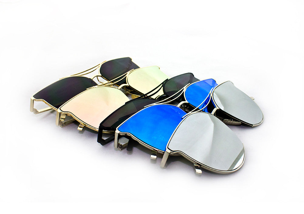 Classic Cat Eye Aviator Geometric Design Inspired Sunglasses with a Brushed Aluminum Spring Hinge Metal Frame with UV400 Protected Flash Lens.