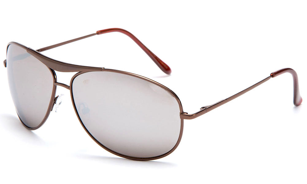 Aviator Inspired Curved Metal Copper Frame Sunglasses with UV 400 Protected Mirror Lens.