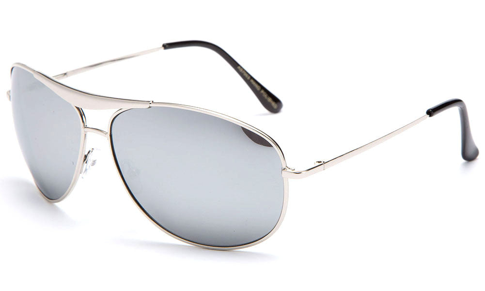 Aviator Inspired Curved Metal Silver Frame Sunglasses with UV 400 Protected Mirror Lens.