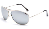 Aviator Inspired Curved Metal Silver Frame Sunglasses with UV 400 Protected Mirror Lens.
