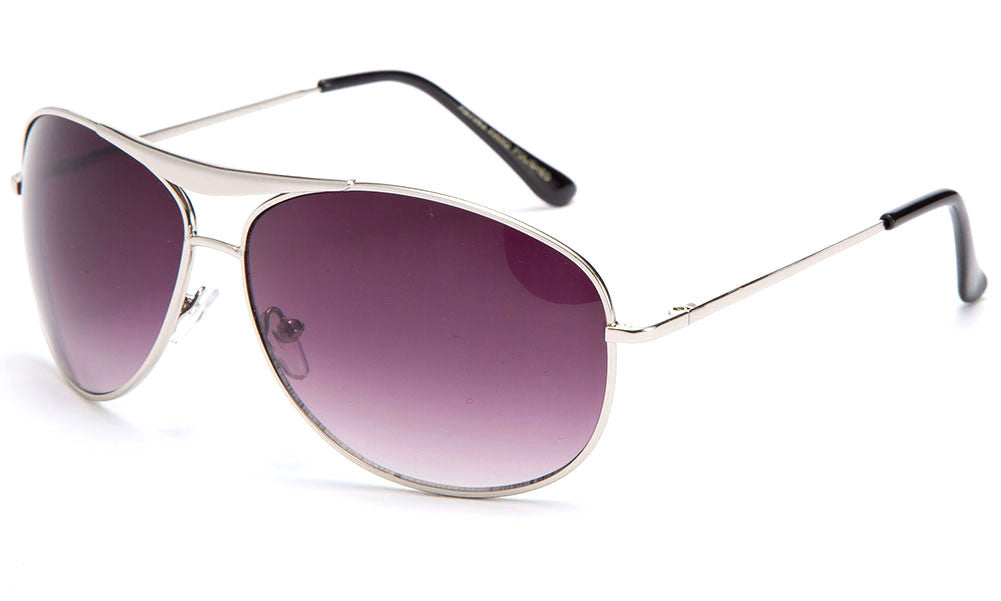 Aviator Inspired Curved Metal Silver Frame Sunglasses with UV 400 Protected Gradient Purple Lens.