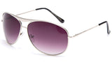 Aviator Inspired Curved Metal Silver Frame Sunglasses with UV 400 Protected Gradient Purple Lens. 