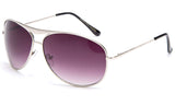 Aviator Inspired Curved Metal Silver Frame Sunglasses with UV 400 Protected Gradient Purple Lens.