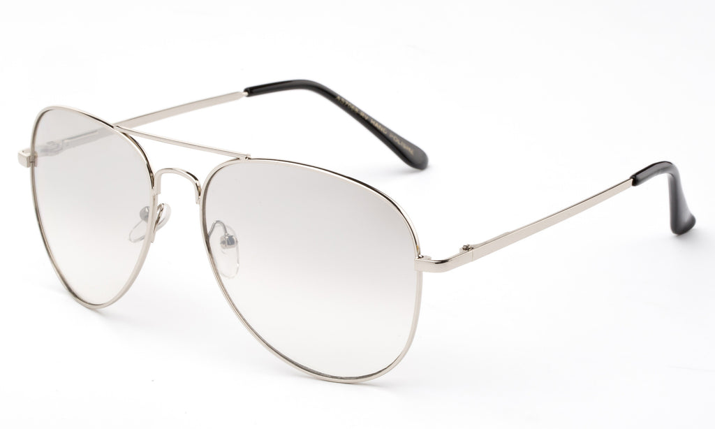 Classic Pilot Aviator Inspired Silver Metal Frame Glasses with UV 400 Protected Gradient Smoke Clear Lens.