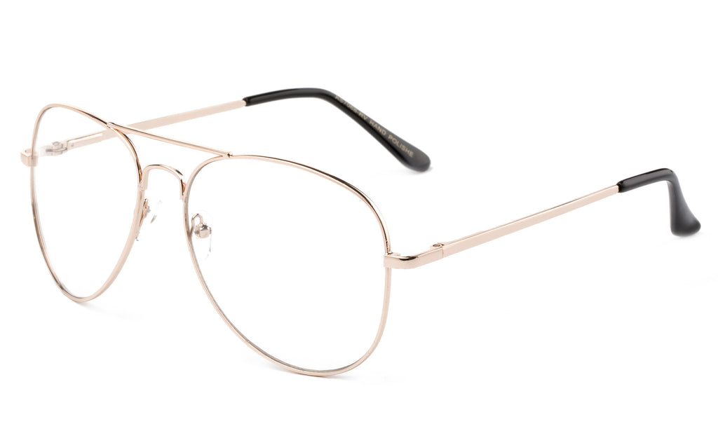 Classic Pilot Aviator Inspired Gold Metal Frame Glasses with UV 400 Protected Clear Lens.