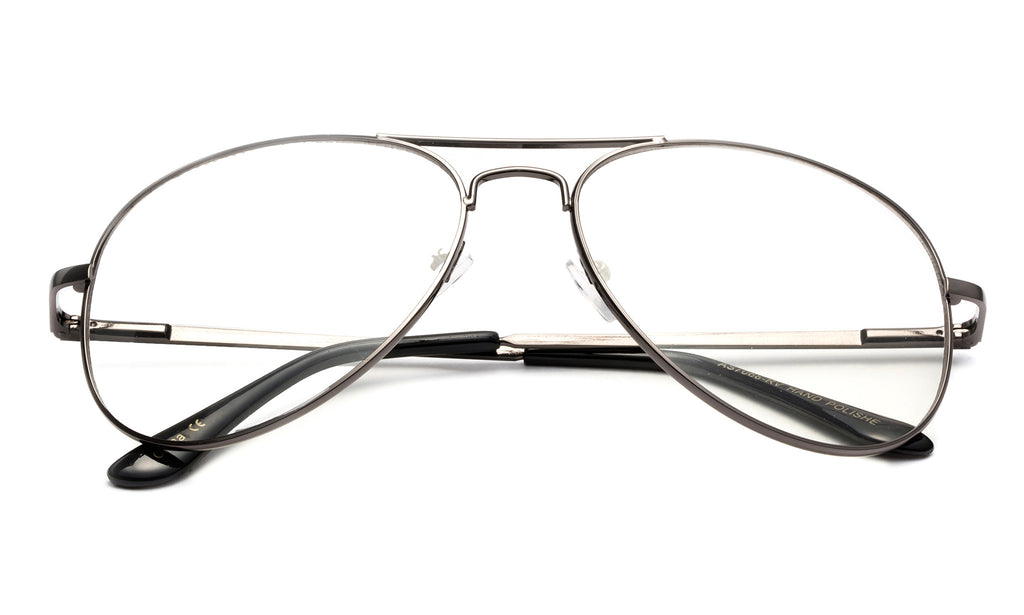 Classic Pilot Aviator Inspired Gunmetal Frame Glasses with UV 400 Protected Clear Lens.