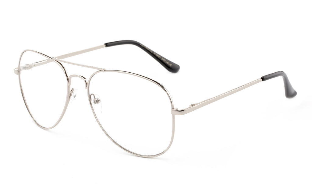 Classic Pilot Aviator Inspired Silver Metal Frame Glasses with UV 400 Protected Clear Lens.