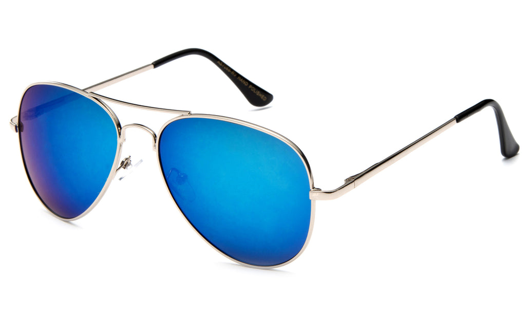 Classic Pilot Aviator Inspired Metal Gold Frame Sunglasses with UV 400 Protected Blue Flash Lens.