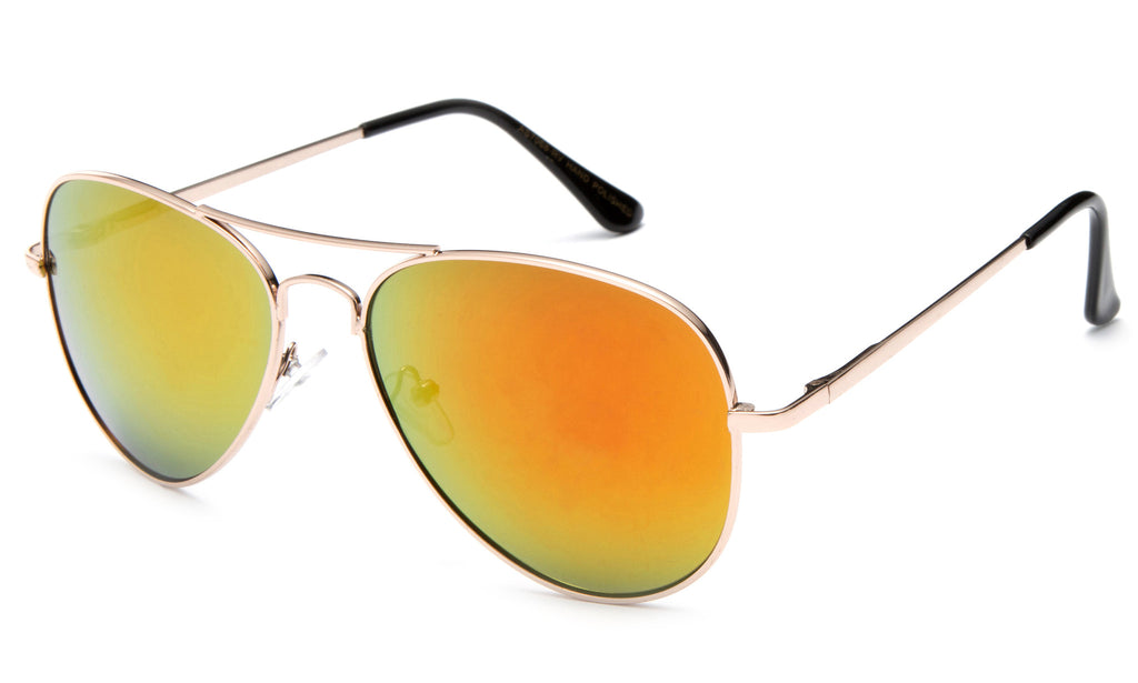 Classic Pilot Aviator Inspired Metal Gold Frame Sunglasses with UV 400 Protected Orange Flash Lens.