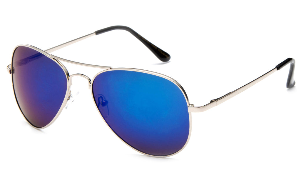 Classic Pilot Aviator Inspired Metal Silver Frame Sunglasses with UV 400 Protected Blue Flash Lens.