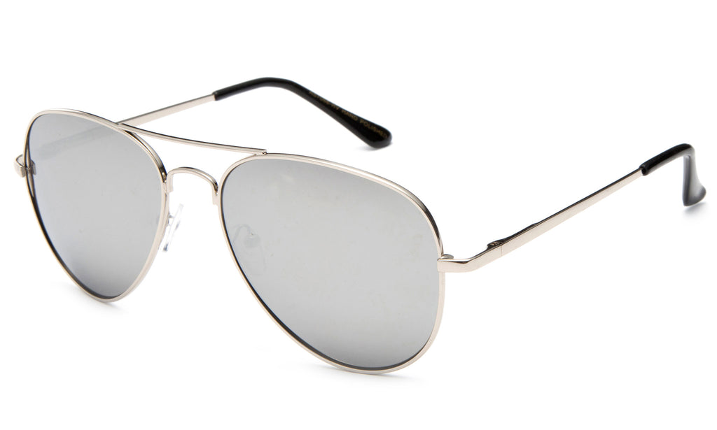 Classic Pilot Aviator Inspired Metal Silver Frame Sunglasses with UV 400 Protected Mirror Flash Lens.