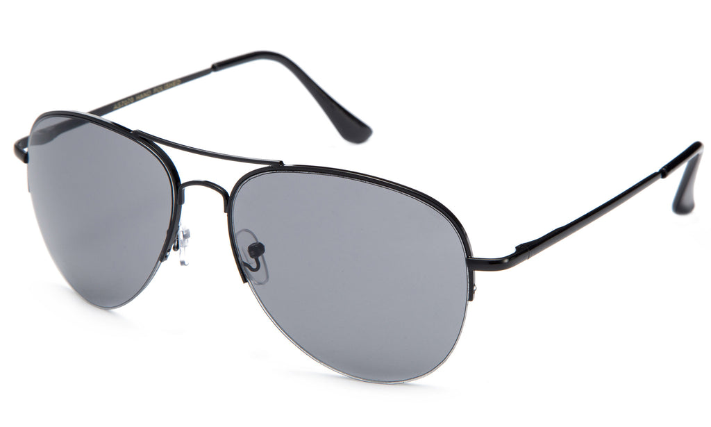 Classic Aviator Inspired Design Black Metal Half Frame Sunglasses with UV 400 Protected Solid Smoke Lens.