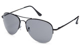 Classic Aviator Inspired Design Black Metal Half Frame Sunglasses with UV 400 Protected Solid Smoke Lens.