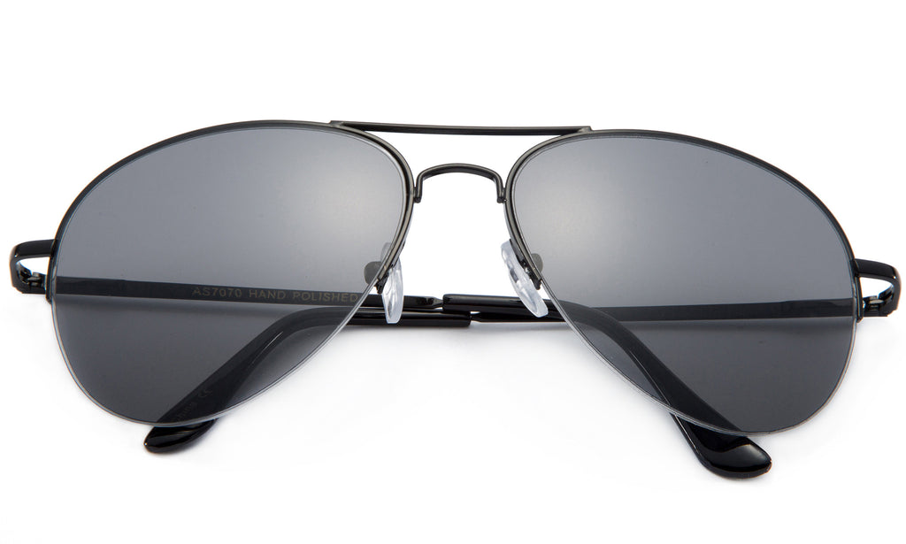 Classic Aviator Inspired Design Black Metal Half Frame Sunglasses with UV 400 Protected Solid Smoke Lens.