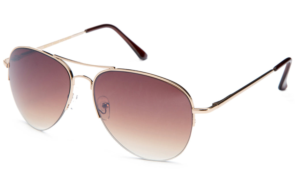 Classic Aviator Inspired Design Gold Metal Half Frame Sunglasses with UV 400 Protected Gradient Brown Lens.