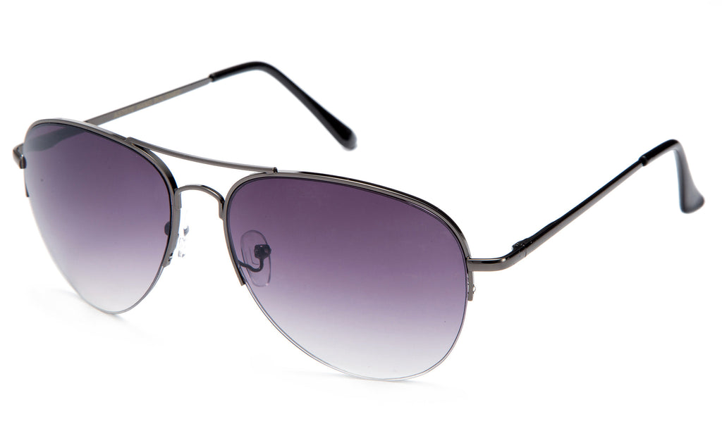 Classic Aviator Inspired Design Gunmetal Half Frame Sunglasses with UV 400 Protected Gradient Purple Lens.