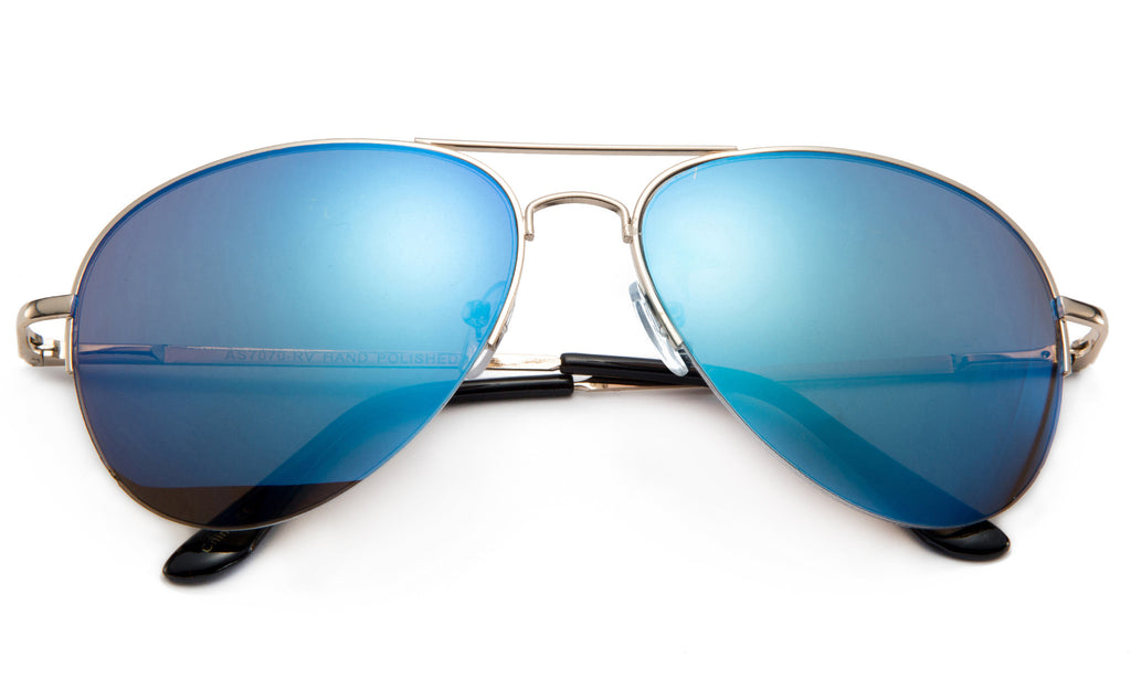 Classic Aviator Inspired Design Metal Half Frame Sunglasses with UV 400 Protected Blue Flash Lens.