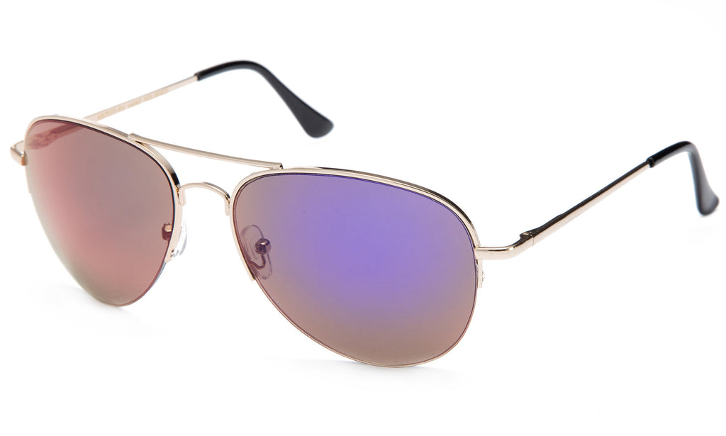 Classic Aviator Inspired Design Metal Half Frame Sunglasses with UV 400 Protected Purple Flash Lens.