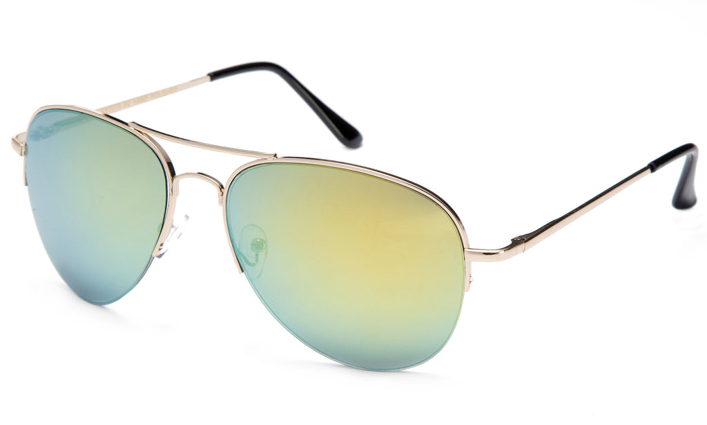 Classic Aviator Inspired Design Metal Half Frame Sunglasses with UV 400 Protected Yellow Flash Lens.