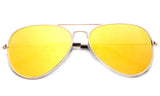 Classic Flat Lens Pilot Aviator Inspired Metal Gold Frame Sunglasses with UV 400 Protected Yellow Mirror Flash Lens.