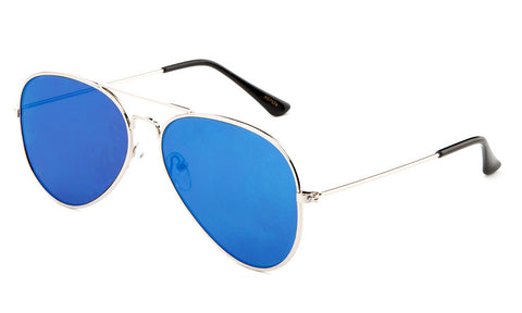 Classic Flat Lens Pilot Aviator Inspired Metal Silver Frame Sunglasses with UV 400 Protected Blue Mirror Flash Lens. 
