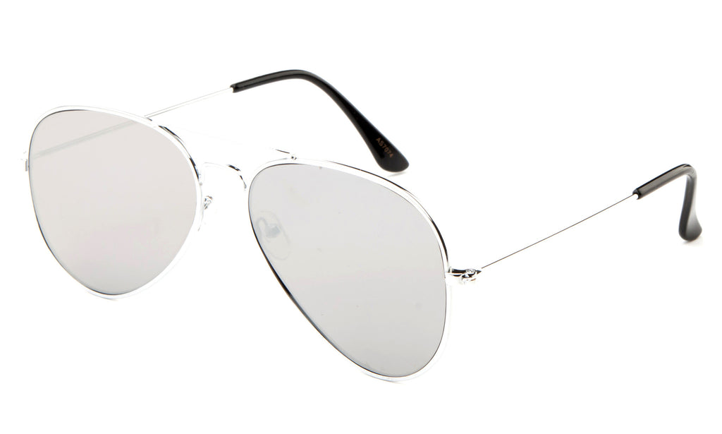 Classic Flat Lens Pilot Aviator Inspired Metal Silver Frame Sunglasses with UV 400 Protected Mirror Flash Lens.
