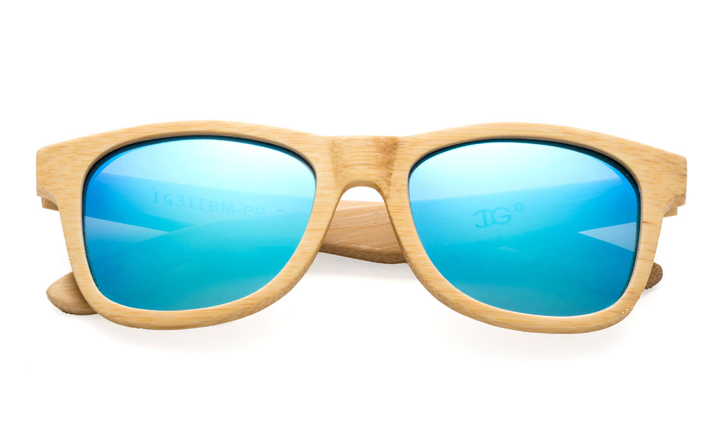 light bamboo wood blue mirror flash sunglasses