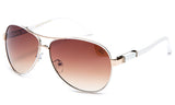 Trendy Modern Aviator Inspired Gold Metal Frame and White Temple Sunglasses with UV 400 Protected Gradient Brown Lens.