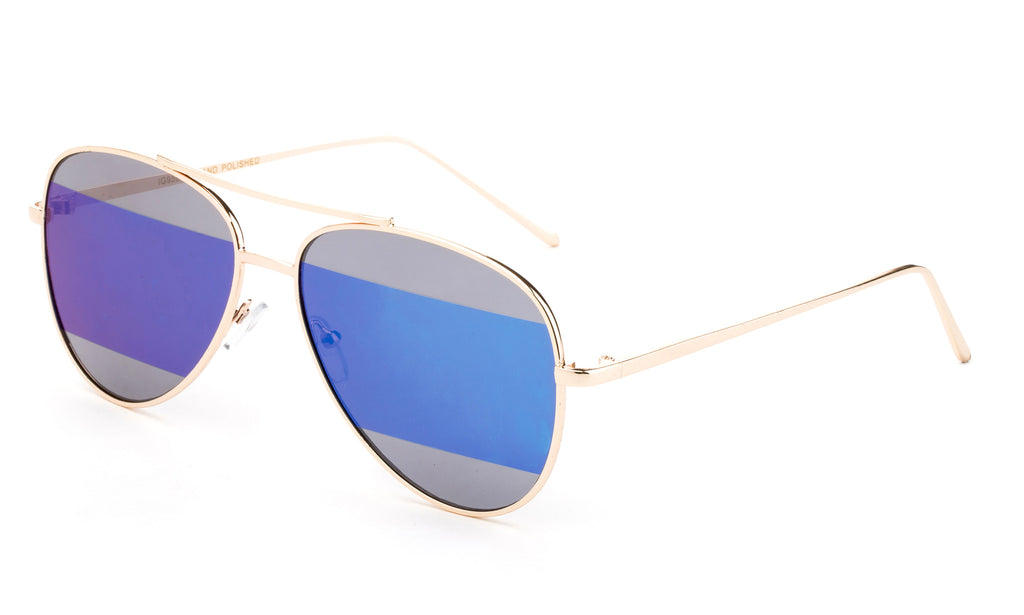 Modern Aviator Inspired Gold Metal Frame Sunglasses with Two Tone UV 400 Protected Blue Flash Lens.