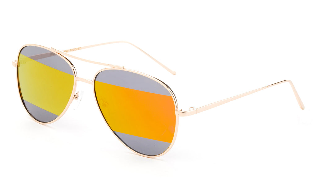 Modern Aviator Inspired Gold Metal Frame Sunglasses with Two Tone UV 400 Protected Orange Flash Lens.