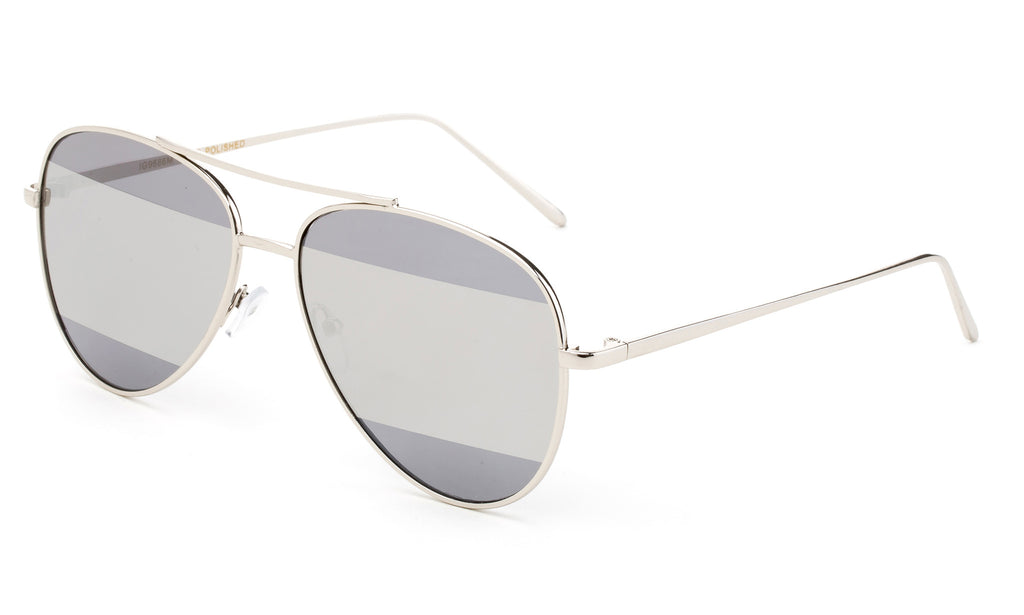 Modern Aviator Inspired Silver Metal Frame Sunglasses with Two Tone UV 400 Protected Mirror Flash Lens.
