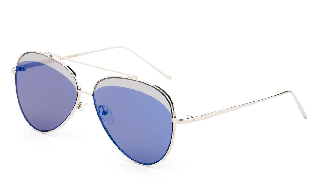 Premium Aviator Inspired Silver Metal Framed Sunglasses with Double Color UV400 Protected Blue Flash Lens.